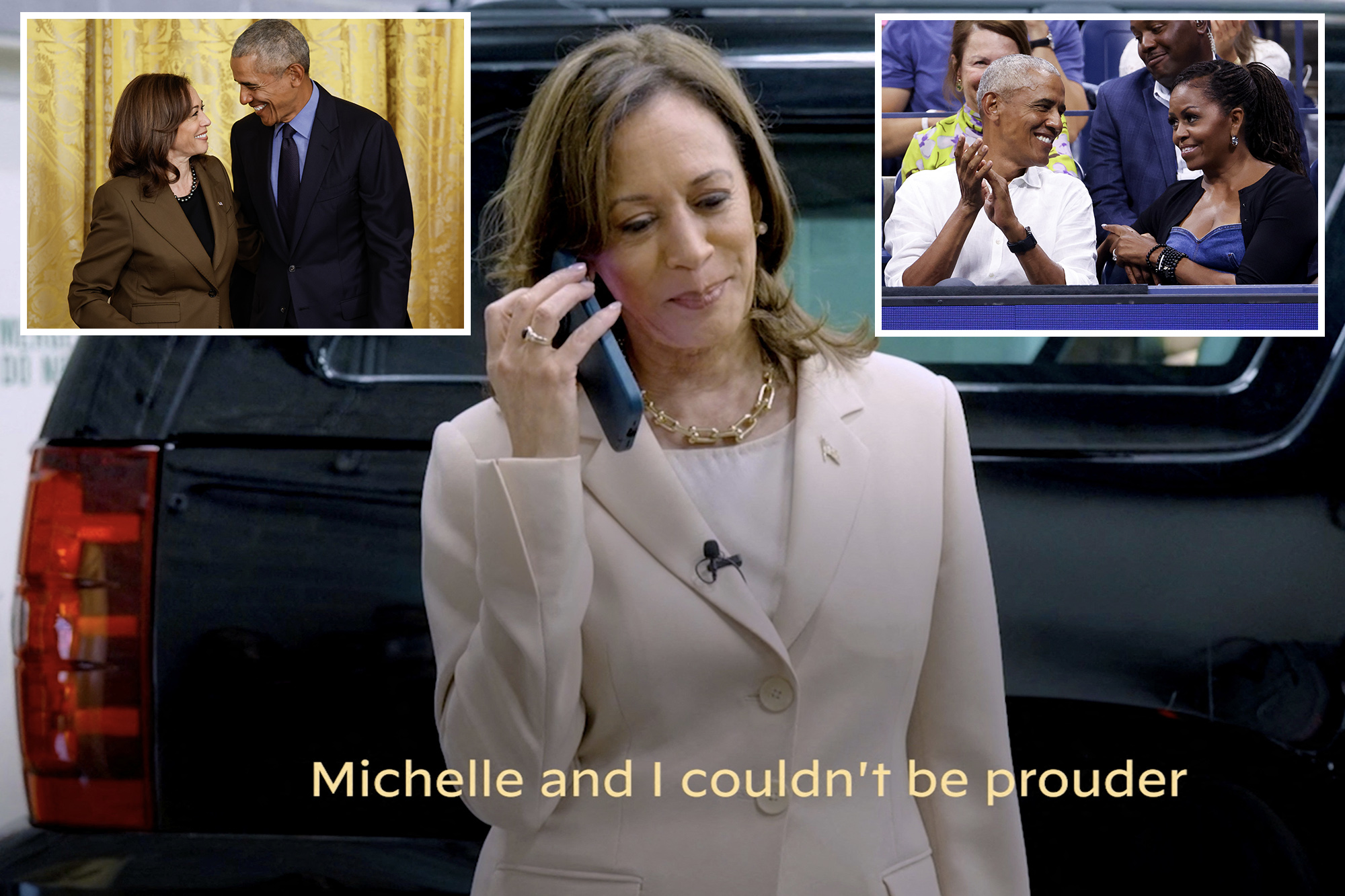 ‘My girl Kamala’: Harris holds speaker phone to ear as Barack and Michelle Obama give belated endorsement