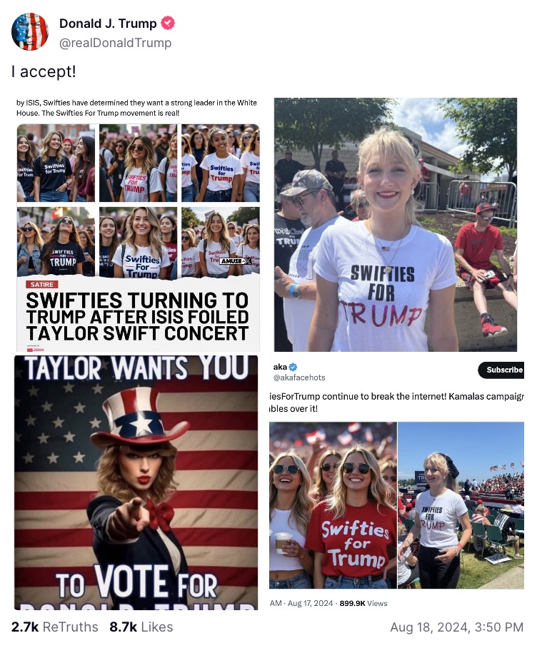 Trump reposts AI-generated images appearing to show Taylor Swift endorsement