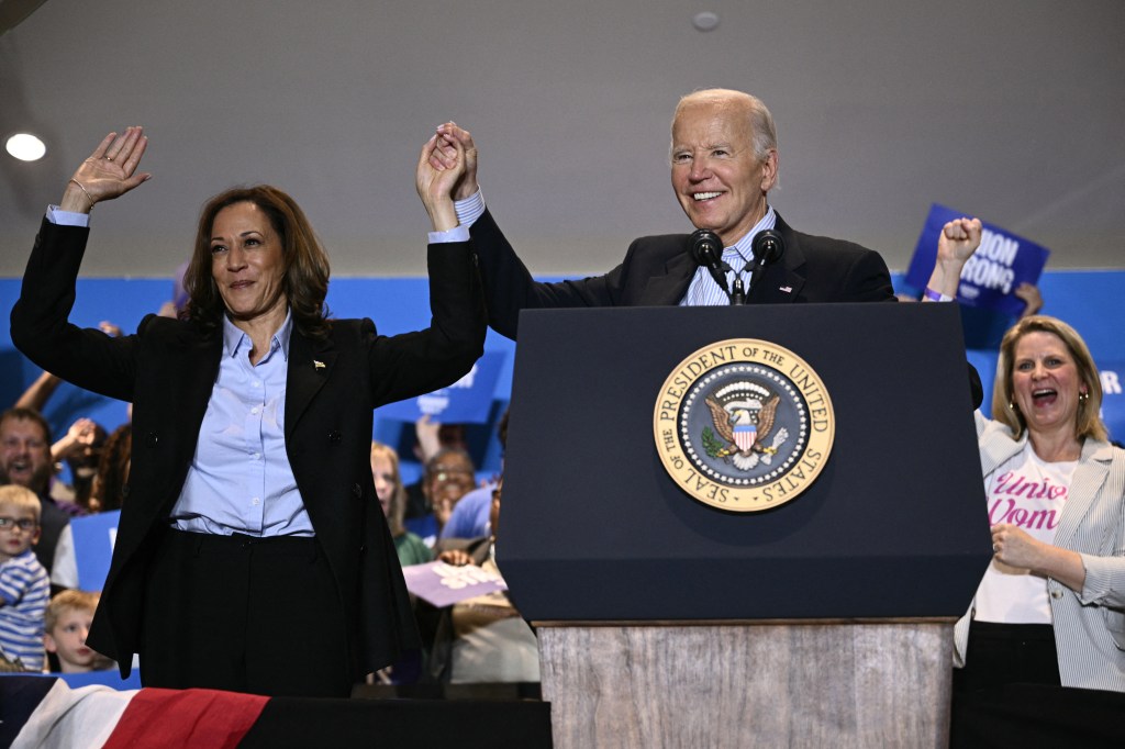 Kamala Harris vows to ‘end union busting’ at campaign rally where Biden claimed she has the ‘moral compass of a saint’ 