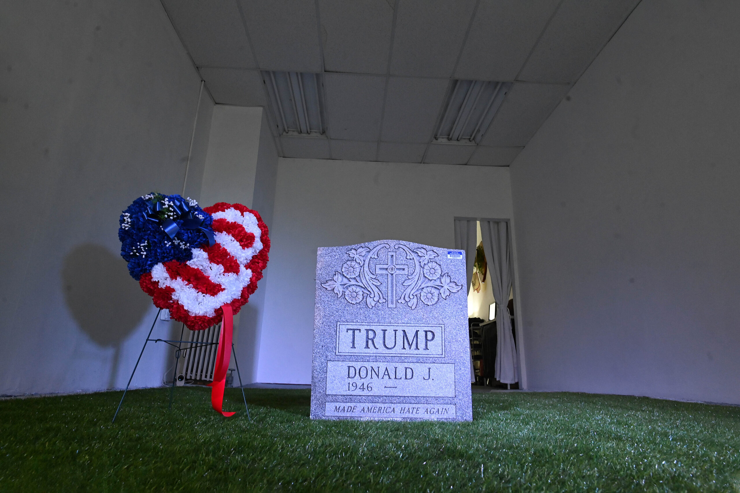 Trump tombstone art project on display in NYC following assassination attempts