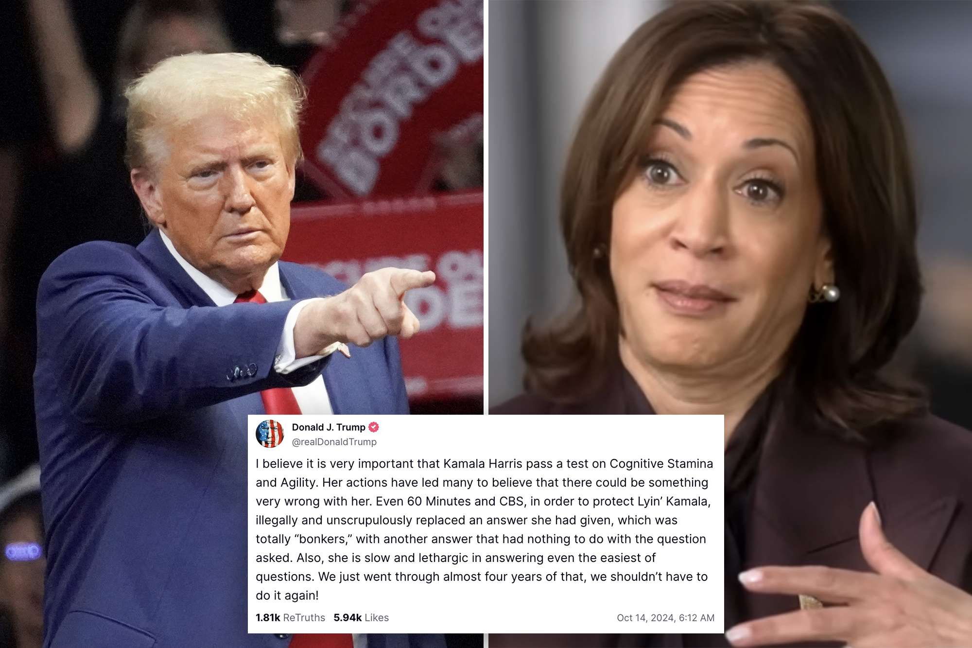 Trump demands Kamala Harris takes cognitive test, says ‘totally bonkers’ word salads suggest something could be ‘very wrong with her’