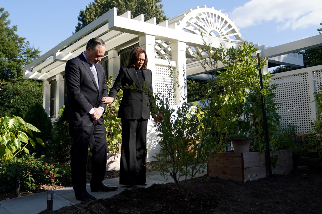 Kamala Harris, Emhoff plant tree for Oct. 7 victims with Mideast on edge — as hecklers chant, beat drums nearby