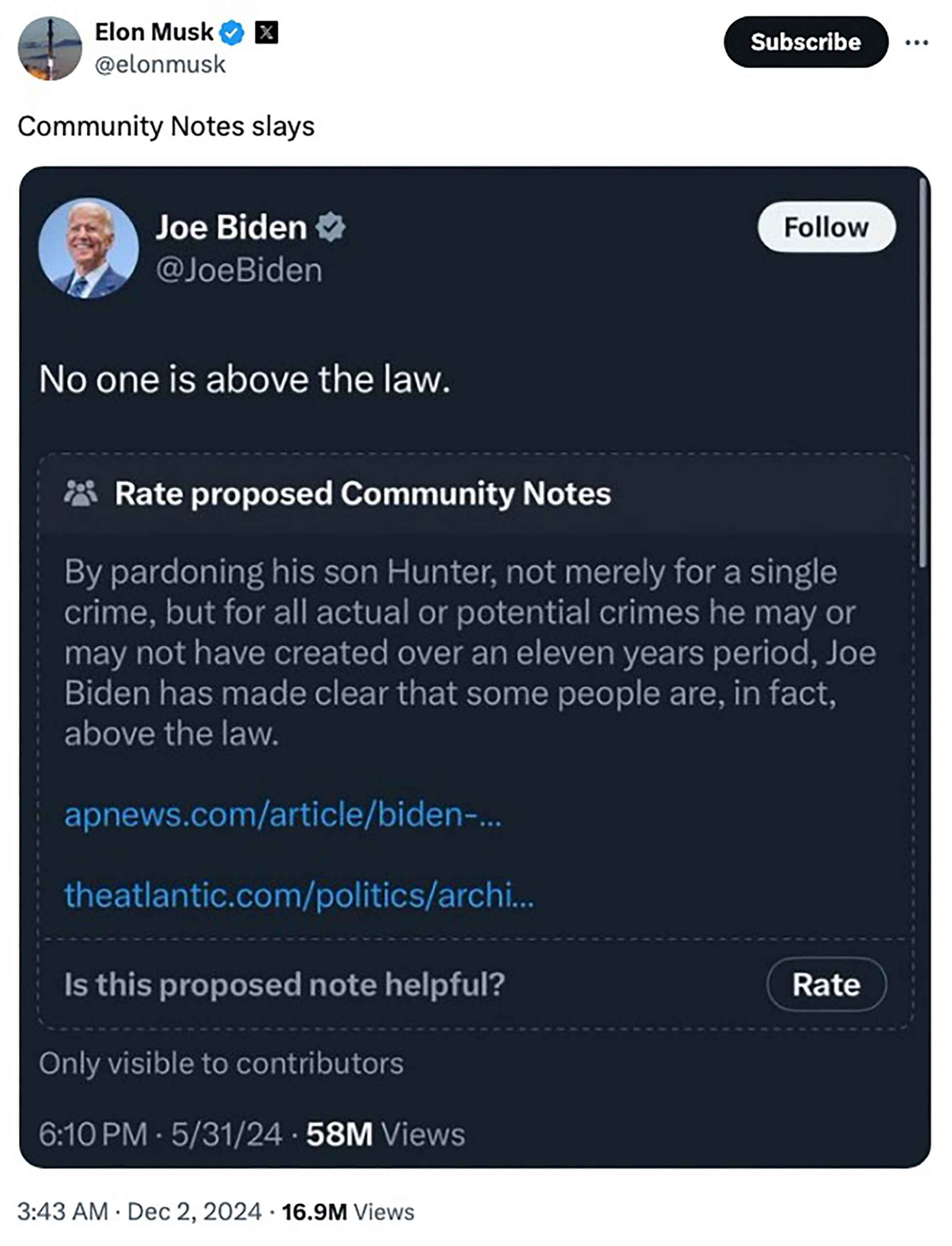 Elon Musk gloats as X community notes fact-check old Biden tweet that ‘no one is above the law’ after Hunter pardon