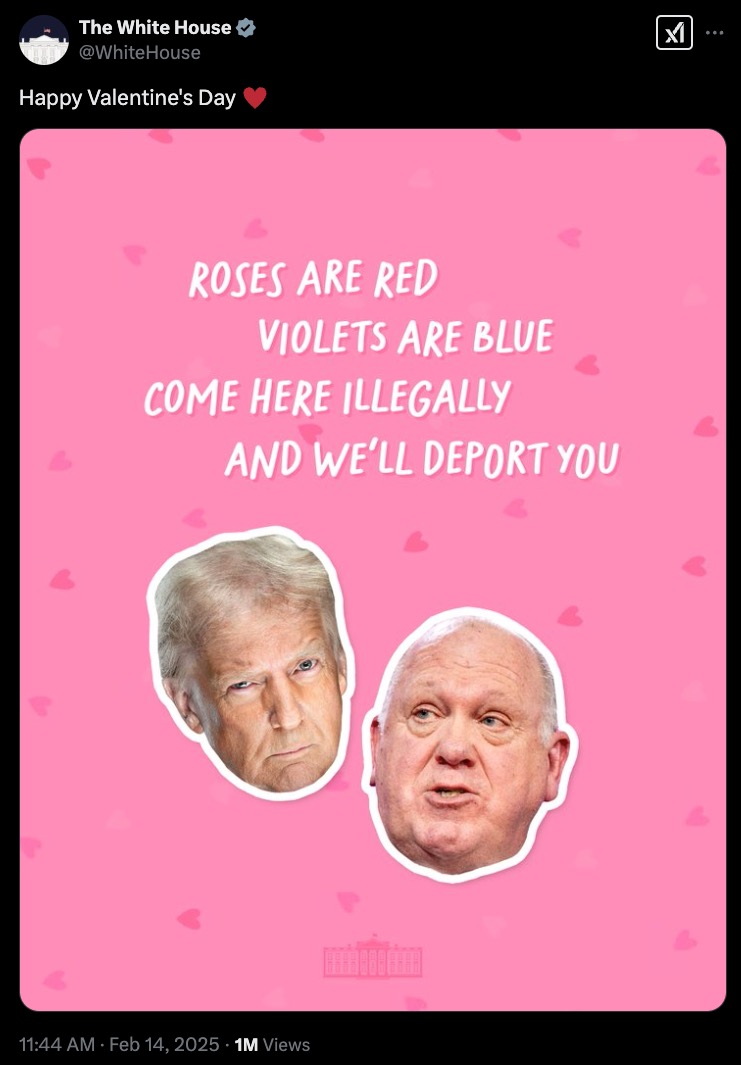 White House trolls illegal migrants with Valentine’s Day card featuring Trump, Homan: ‘We’ll deport you’