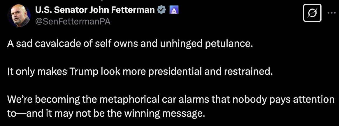 Sen. Fetterman calls out Democrats’ ‘unhinged petulance’ after Trump speech